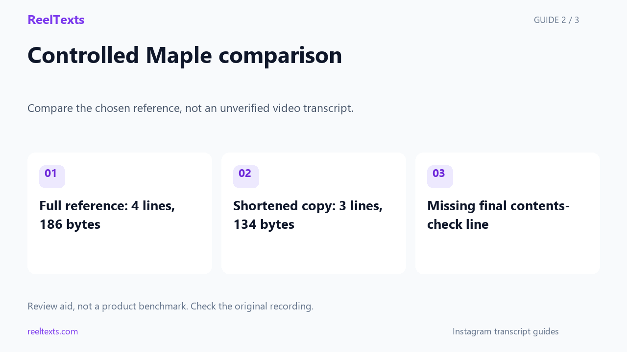 Controlled Maple comparison: Full reference: 4 lines, 186 bytes; Shortened copy: 3 lines, 134 bytes; Missing final contents-check line
