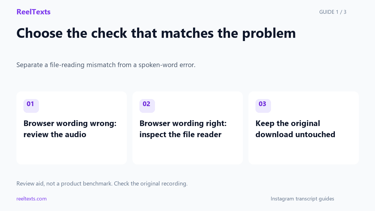 Choose the check that matches the problem: Browser wording wrong: review the audio; Browser wording right: inspect the file reader; Keep the original download untouched