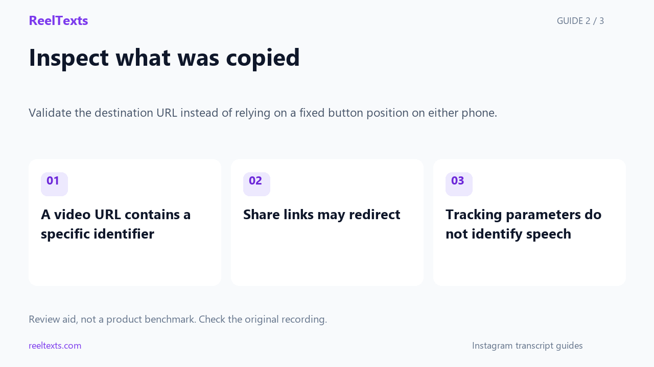 Inspect what was copied: A video URL contains a specific identifier; Share links may redirect; Tracking parameters do not identify speech