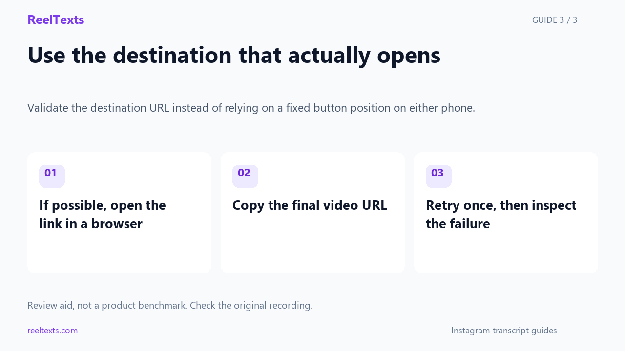 Use the destination that actually opens: If possible, open the link in a browser; Copy the final video URL; Retry once, then inspect the failure