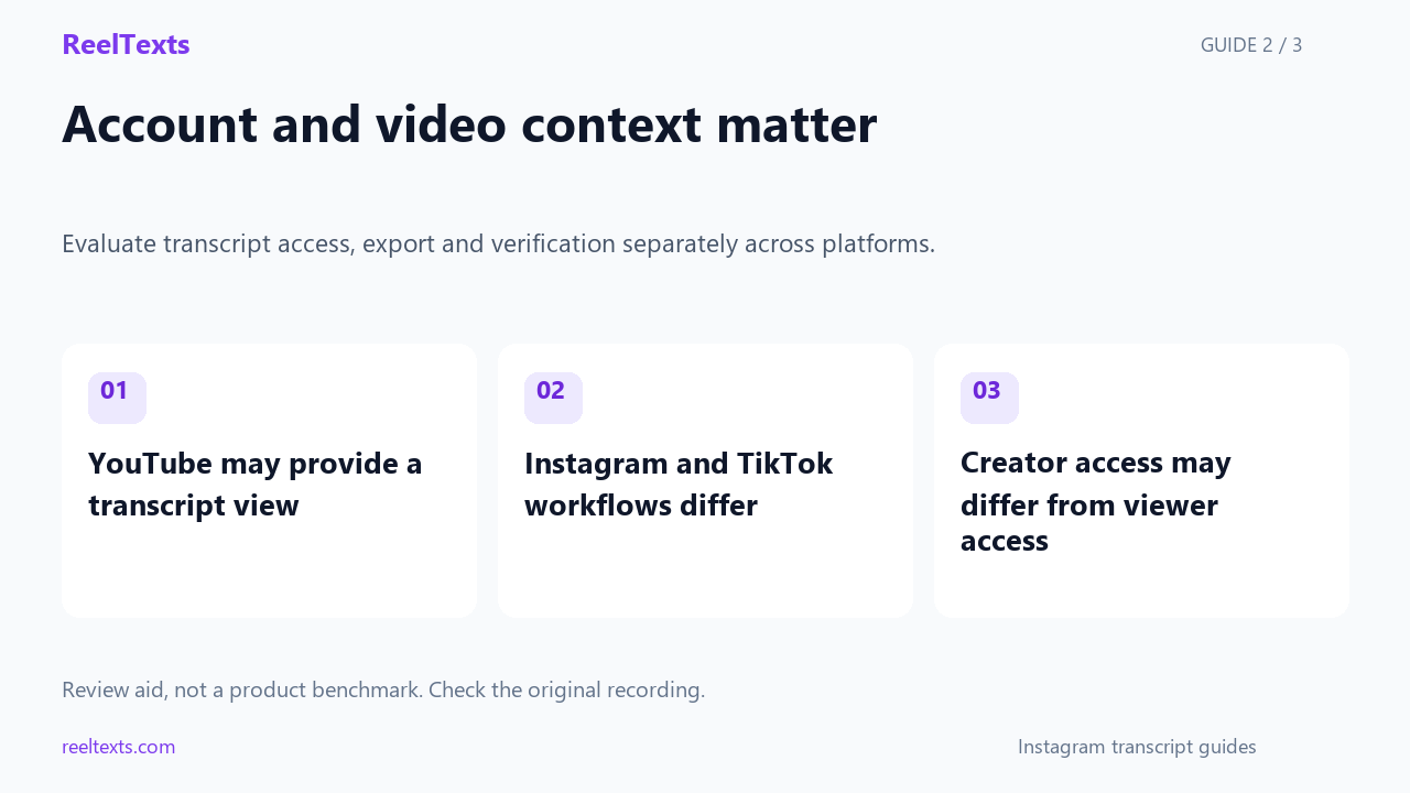 Account and video context matter: YouTube may provide a transcript view; Instagram and TikTok workflows differ; Creator access may differ from viewer access