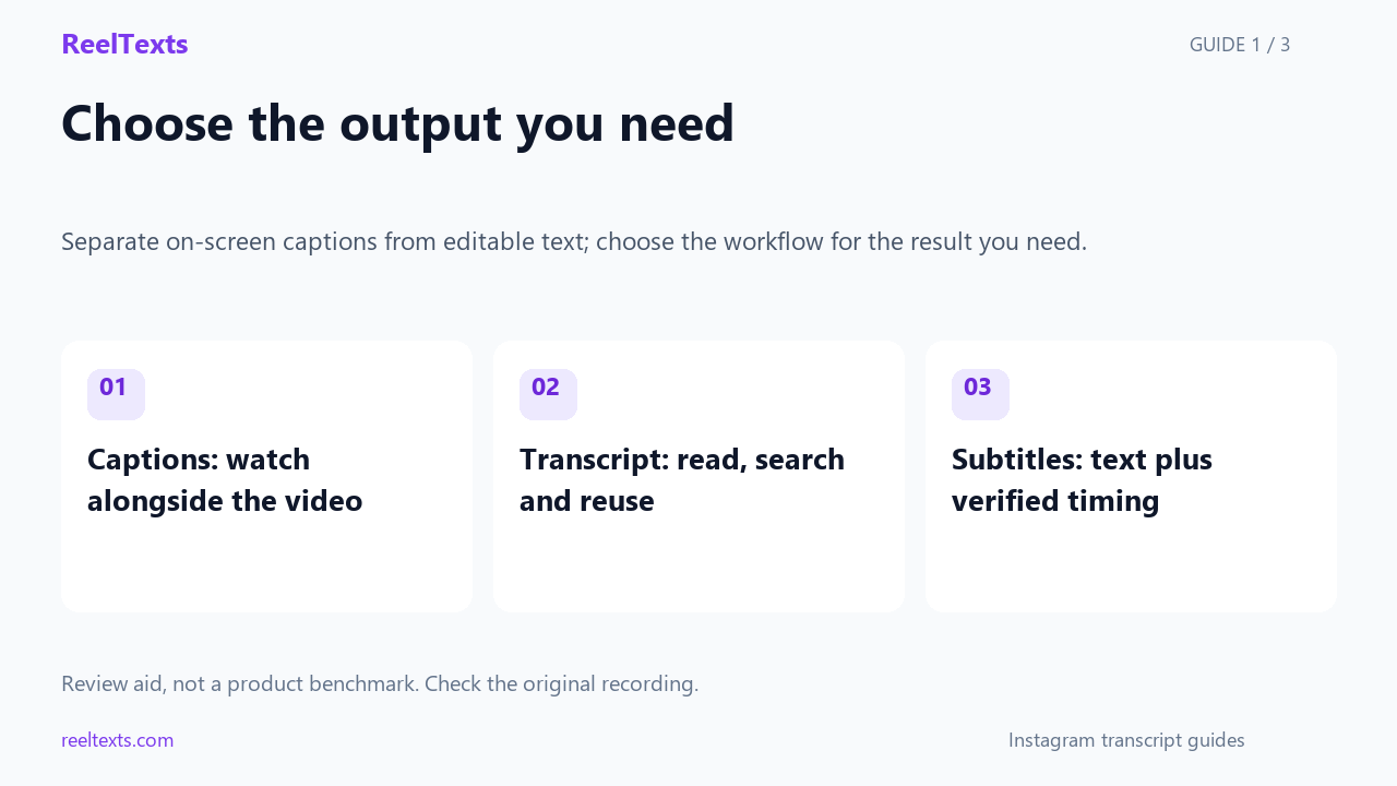 Choose the output you need: Captions: watch alongside the video; Transcript: read, search and reuse; Subtitles: text plus verified timing