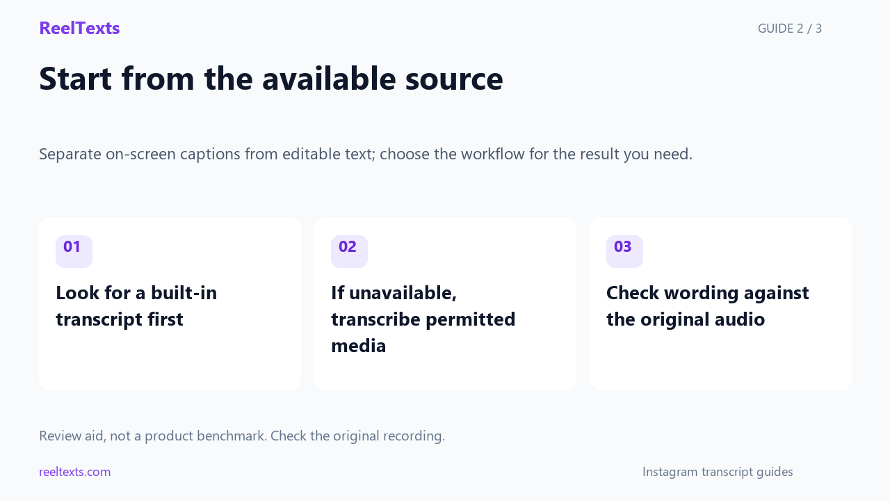 Start from the available source: Look for a built-in transcript first; If unavailable, transcribe permitted media; Check wording against the original audio