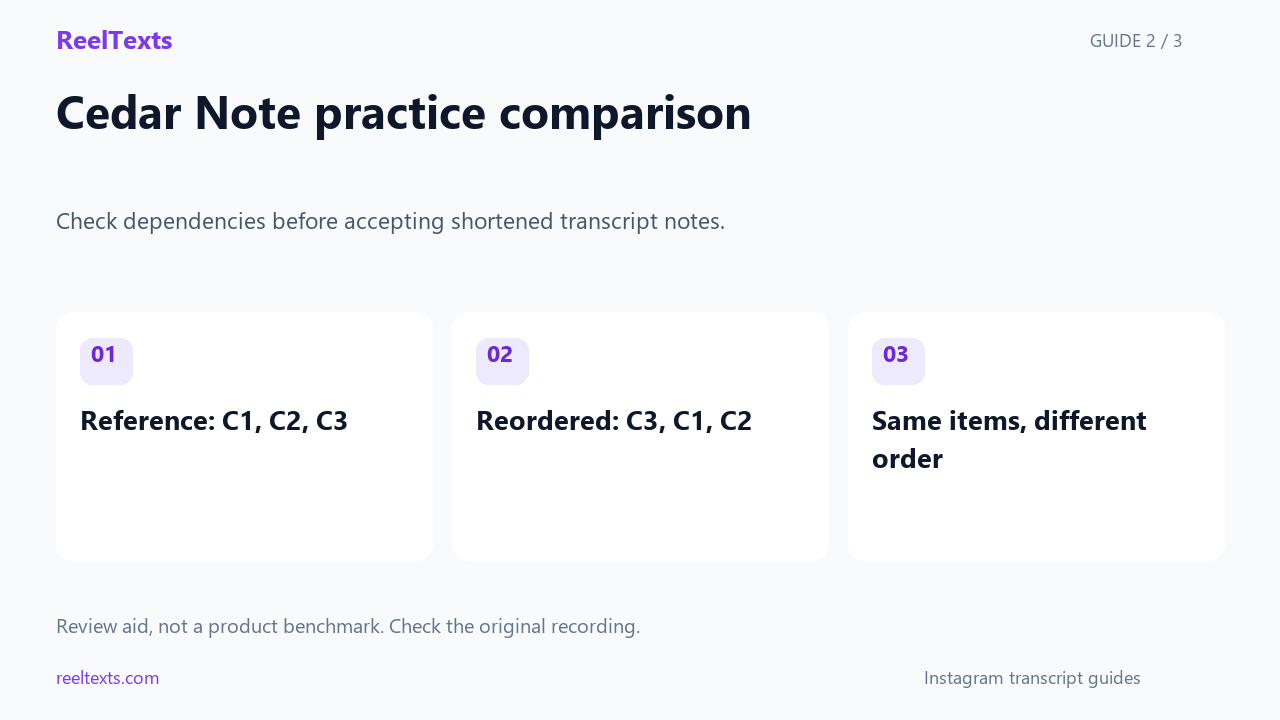 Cedar Note practice comparison: Reference: C1, C2, C3; Reordered: C3, C1, C2; Same items, different order